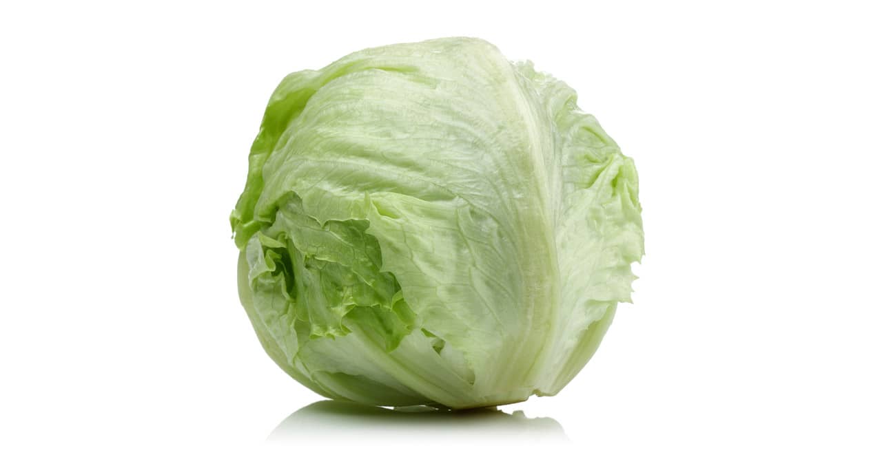 A head of green crispy fresh edible vegetable, iceberg lettuce. Isolated on white.,Getty January 2018